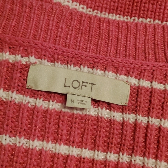 LOFT PINK & White Striped Chunky Knit Cardigan size Medium, Casual, Comfy - Picture 6 of 9